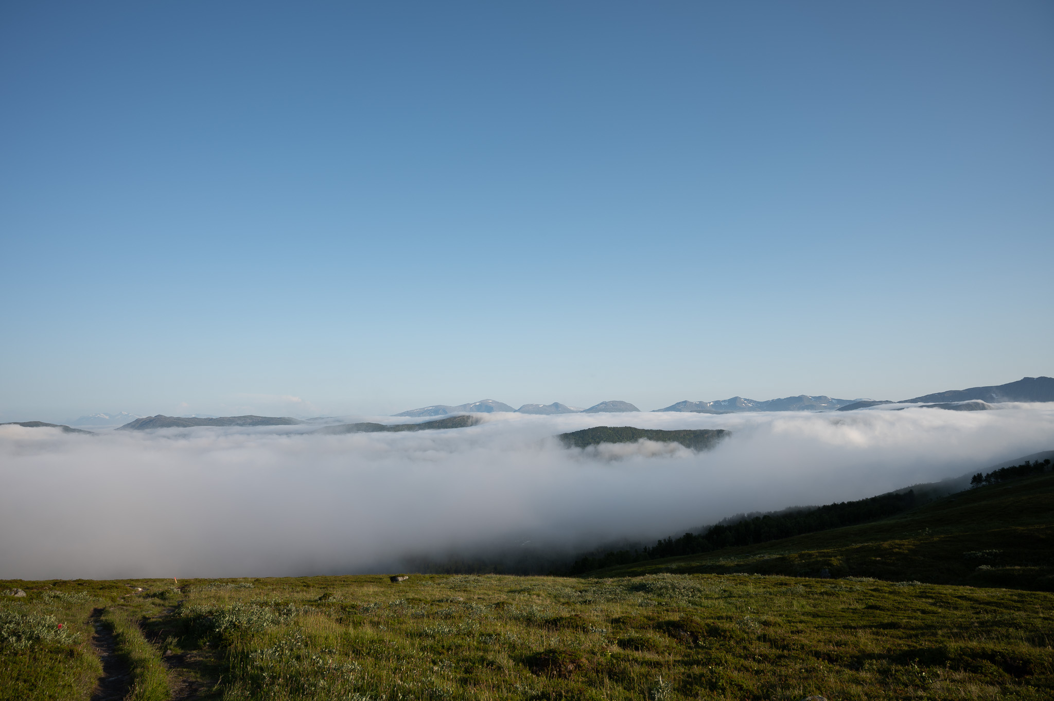 A ridge path above a sea of cloud at Storlitinden, Harstad