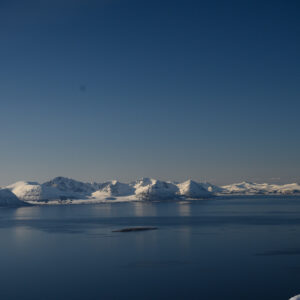 Snow-covered peaks along a still fjord under cold winter light