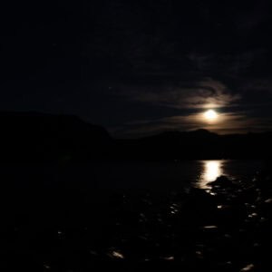 Full moon casting a silver path over a fjord with distant village lights