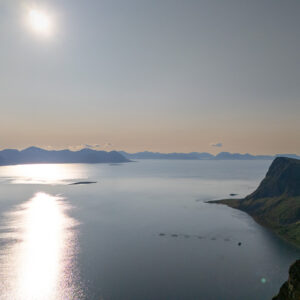Moonlight across a calm arctic fjord at Keipen, Grytøya