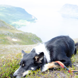 A dog resting on rock with a snow-streaked mountain beyond
