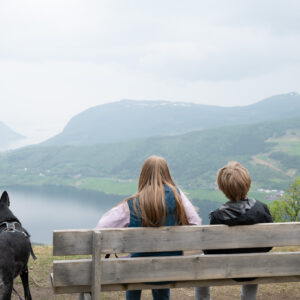 Two children and a dog on a bench looking over a fjord valley